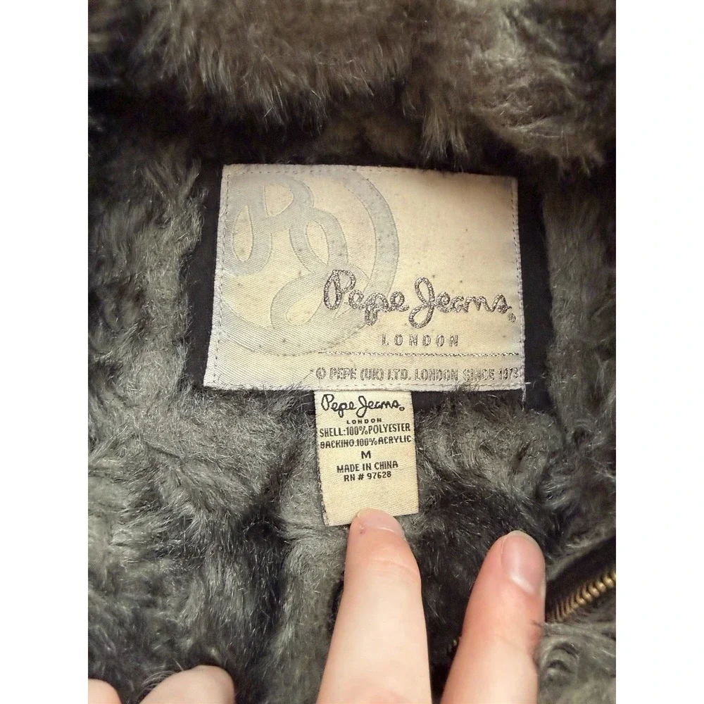 VTG Pepe Jeans Reverse Shearling Faux Fur Toggle Coat Womens M‎ Black Y2K RARE